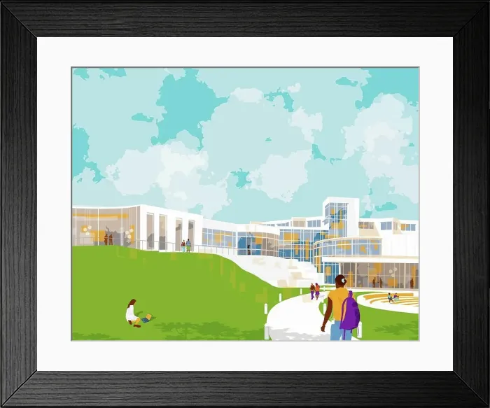 Framed Print : Students on campus with modern building Framed Print : Students on campus with modern building