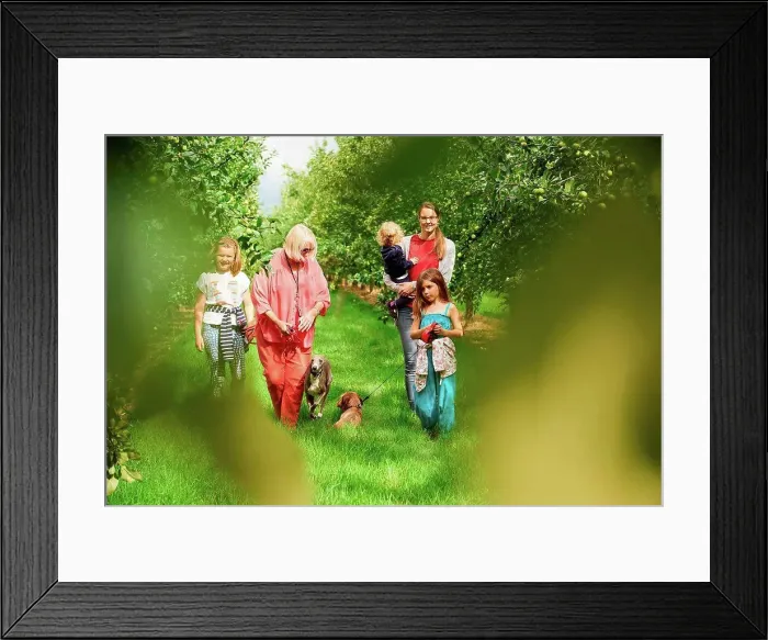 Framed Print : Family walking dog in apple orchard Framed Print : Family walking dog in apple orchard
