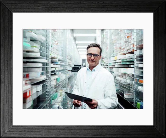 Framed Print : Pharmacist with tablet PC standing in storage room at pharmacy Framed Print : Pharmacist with tablet PC standing in storage room at pharmacy