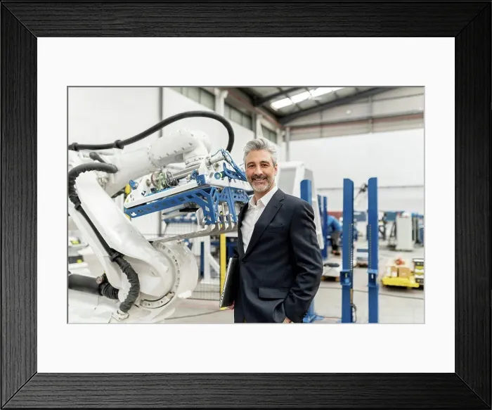 Framed Print : Smiling businessman holding laptop standing by robotic arm in factory Framed Print : Smiling businessman holding laptop standing by robotic arm in factory