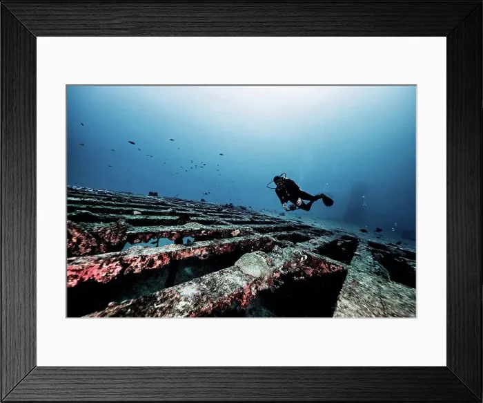 Framed Print : Diver exploring shipwreck, underwater view, Cancun, Mexico Framed Print : Diver exploring shipwreck, underwater view, Cancun, Mexico