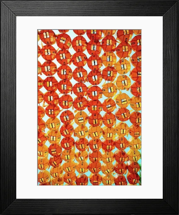 Framed Print : South Korea, Seoul, Yellow and orange lanterns, upward view Framed Print : South Korea, Seoul, Yellow and orange lanterns, upward view