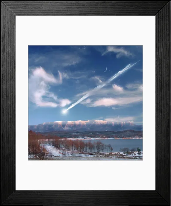 Framed Print : An artist's depiction of a large meteor entering Earth's atmosphere and about to impact in a mountainous area