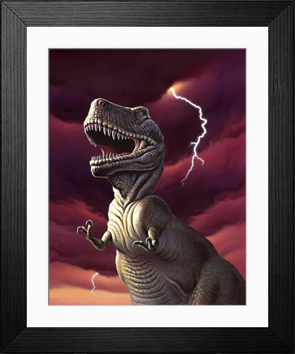 Framed Print : A Tyrannosaurus Rex with a red stormy sky and lightning behind it Framed Print : A Tyrannosaurus Rex with a red stormy sky and lightning behind it