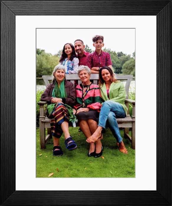 Framed Print : Portrait of four generation family, beside lake, smiling Framed Print : Portrait of four generation family, beside lake, smiling