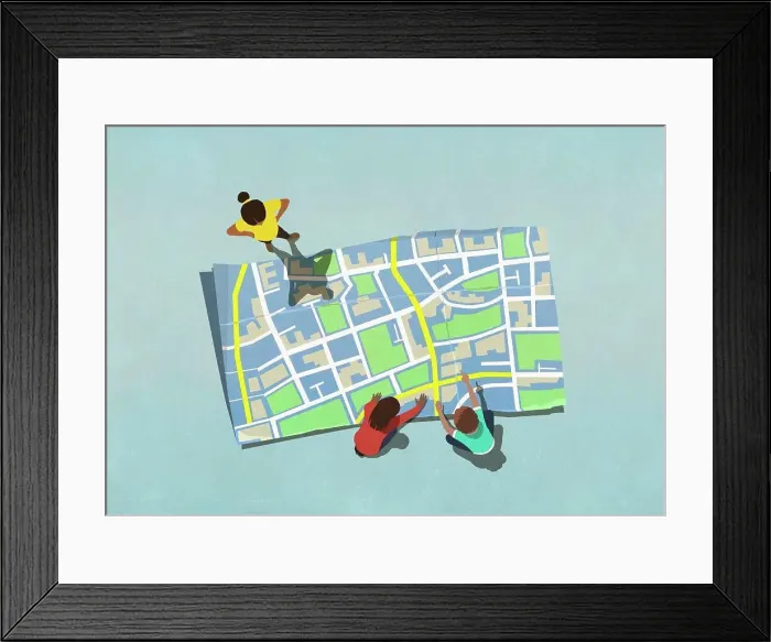 Framed Print : View from above kids looking at large map