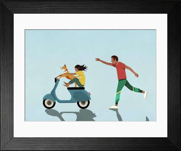 Framed Print : Man chasing after girl and dog riding motor scooter Framed Print : Man chasing after girl and dog riding motor scooter