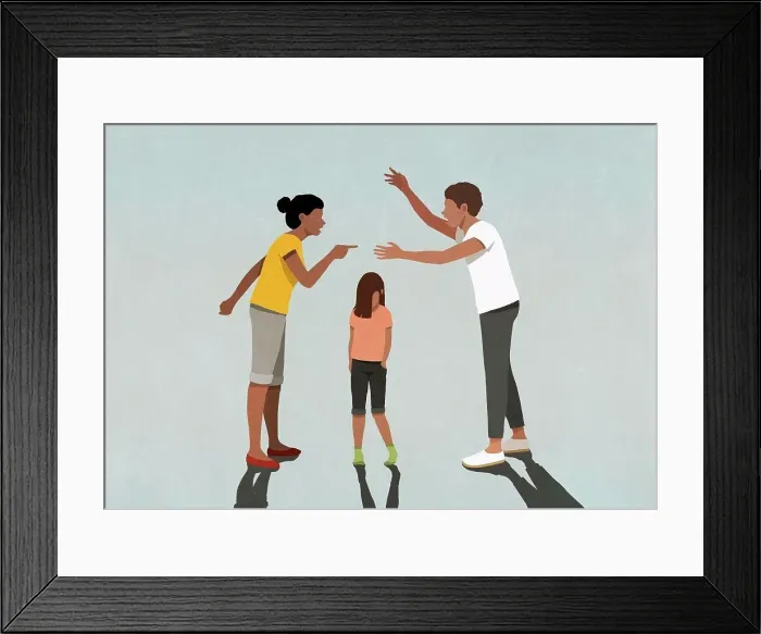 Framed Print : Parents arguing over sad daughter Framed Print : Parents arguing over sad daughter