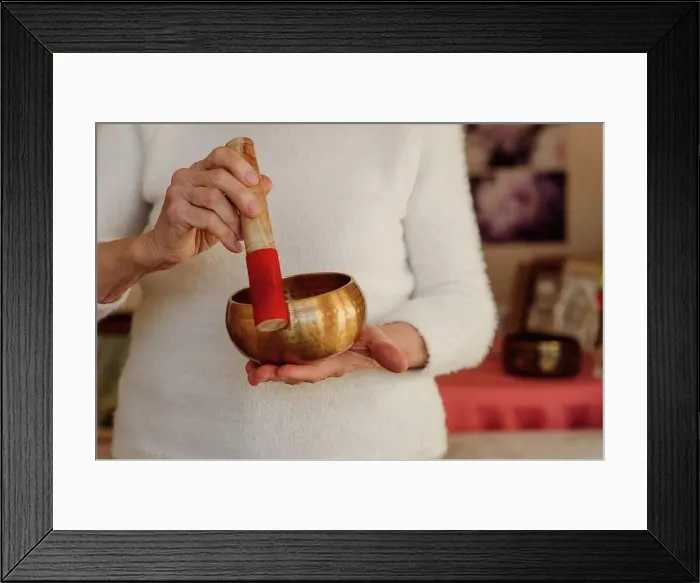 Framed Print : Hands of retired senior woman holding singing bowl Framed Print : Hands of retired senior woman holding singing bowl