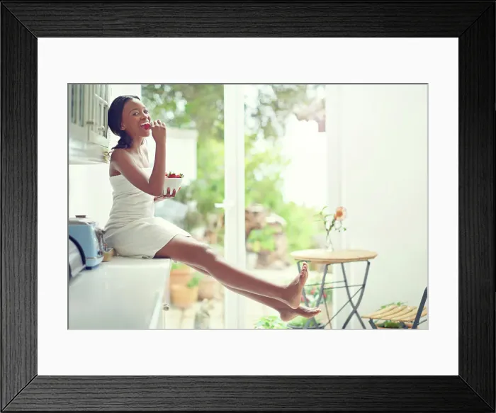 Framed Print : Black woman, portrait and strawberry in home for diet Framed Print : Black woman, portrait and strawberry in home for diet