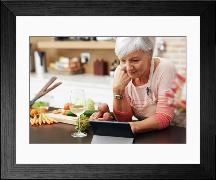 Framed Print : Senior, woman and watch, tablet Framed Print : Senior, woman and watch, tablet
