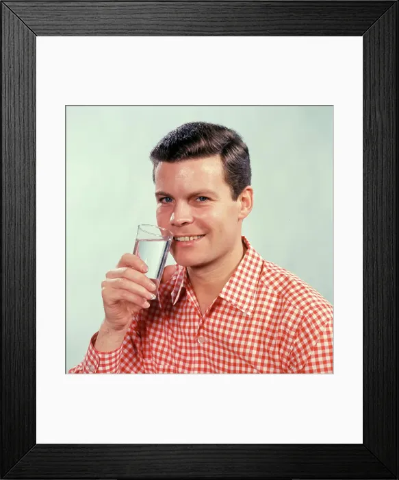 Framed Print : 1960S Smiling Man Red Checked Shirt Drinking Glass Water Drink Framed Print : 1960S Smiling Man Red Checked Shirt Drinking Glass Water Drink