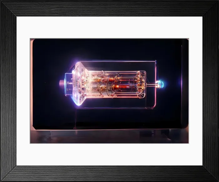 Framed Print : hight-tech plasma quantum computer tube with glowing energy inside, neural network generated art