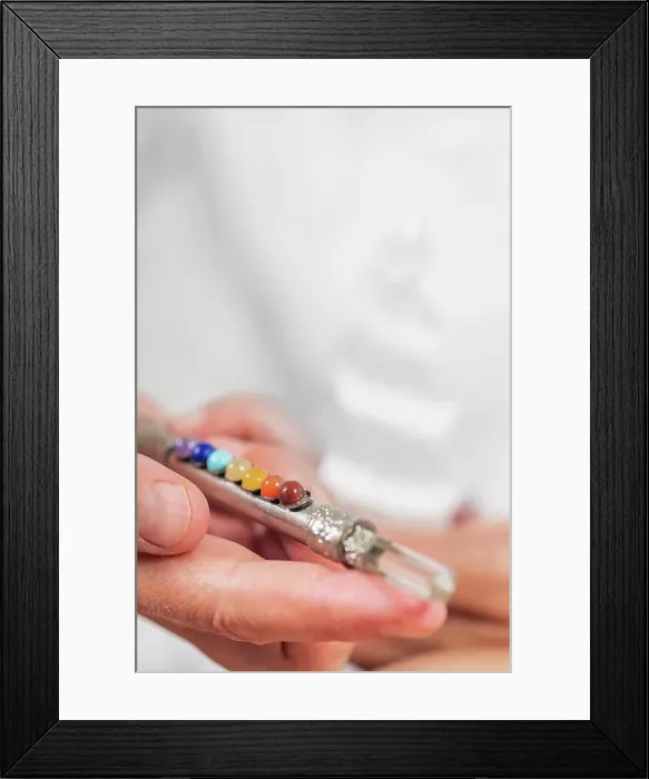 Framed Print : Crystal healing therapy with 7 chakra healing wand Framed Print : Crystal healing therapy with 7 chakra healing wand