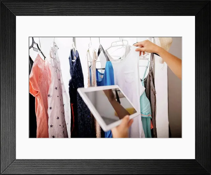 Framed Print : Woman with digital tablet at wardrobe Framed Print : Woman with digital tablet at wardrobe