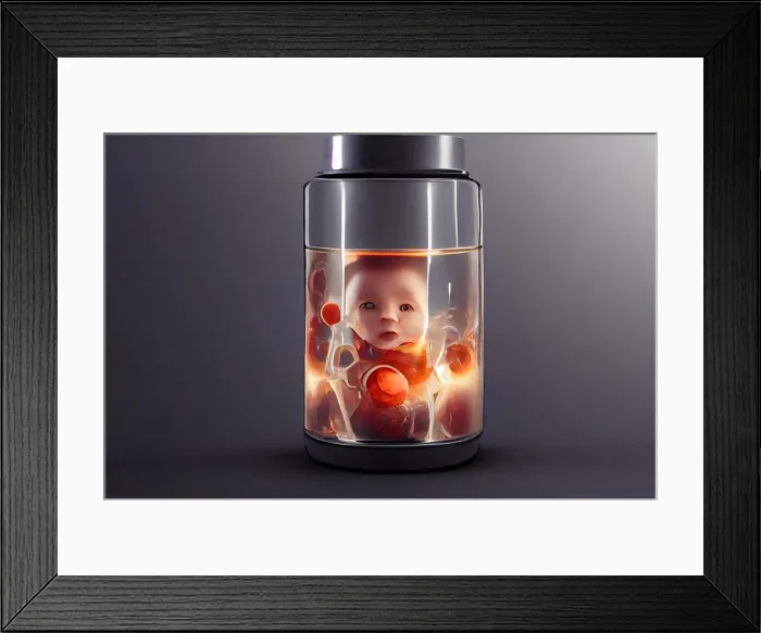 Framed Print : human baby embyo inside incubator breeding tank on gray background, ectogenesis concept, neural network generated art Framed Print : human baby embyo inside incubator breeding tank on gray background, ectogenesis concept, neural network generated art