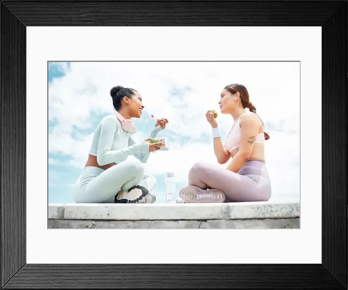 Framed Print : Salad, apple and fitness friends eating food outdoor for wellness
