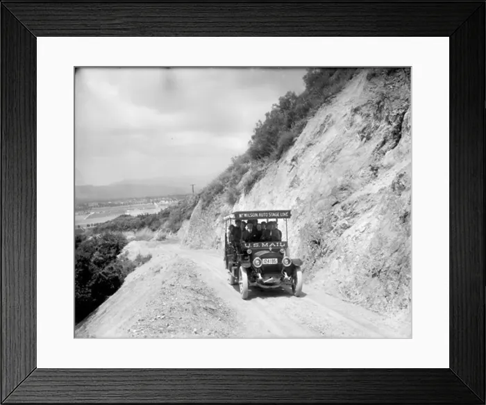 Framed Print : MT. WILSON AUTO STAGE LINE / MAIL TRUCK ASCENDING MT. WILSON TOLL ROAD WITH LOAD OF PEOPLE