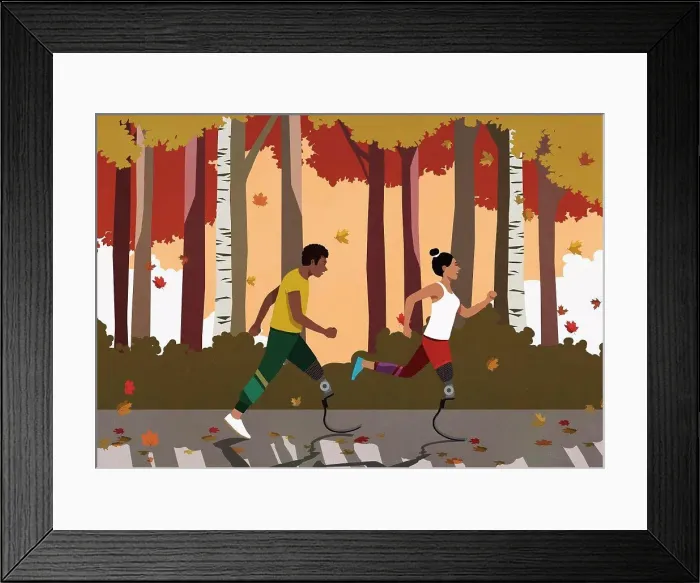 Framed Print : Amputee couple with prosthetic legs jogging in autumn park Framed Print : Amputee couple with prosthetic legs jogging in autumn park