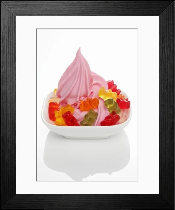 Framed Print : Strawberry yogurt ice cream garnished with gummy bears Framed Print : Strawberry yogurt ice cream garnished with gummy bears