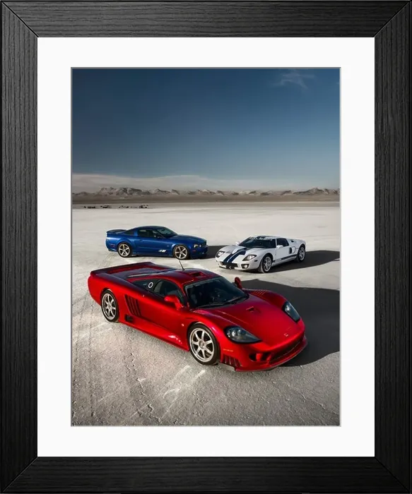 Framed Print : High front 3 / 4 view of the Saleen Ford GT, Saleen S7 and Saleen Ford Mustang 281 Extreme on El Mirage dry lake Framed Print : High front 3 / 4 view of the Saleen Ford GT, Saleen S7 and Saleen Ford Mustang 281 Extreme on El Mirage dry lake