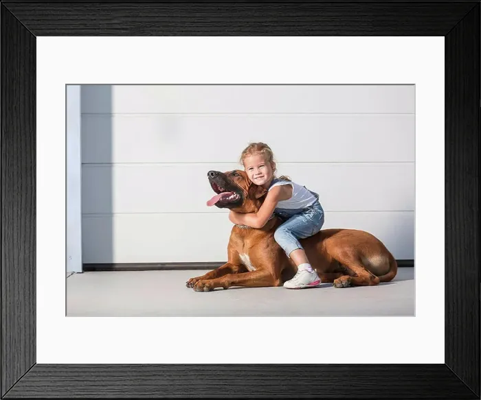 Framed Print : Portrait of cute girl sitting on dog outdoors Framed Print : Portrait of cute girl sitting on dog outdoors