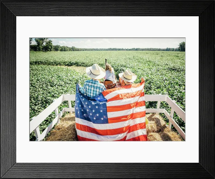 Framed Print : Caucasian children holding American flag on hay ride Framed Print : Caucasian children holding American flag on hay ride