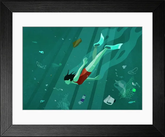 Framed Print : Woman swimming underwater in sea among pollution