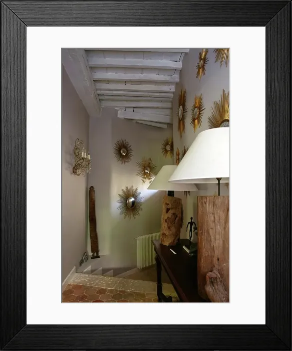 Framed Print : Hall Of A House, With Decorative Sun Mirrors Framed Print : Hall Of A House, With Decorative Sun Mirrors