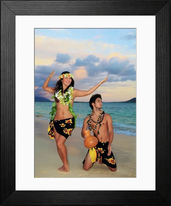Framed Print : Hawaii, Oahu, Hula Dancer Couple Along Beach Shoreline At Sunrise Framed Print : Hawaii, Oahu, Hula Dancer Couple Along Beach Shoreline At Sunrise