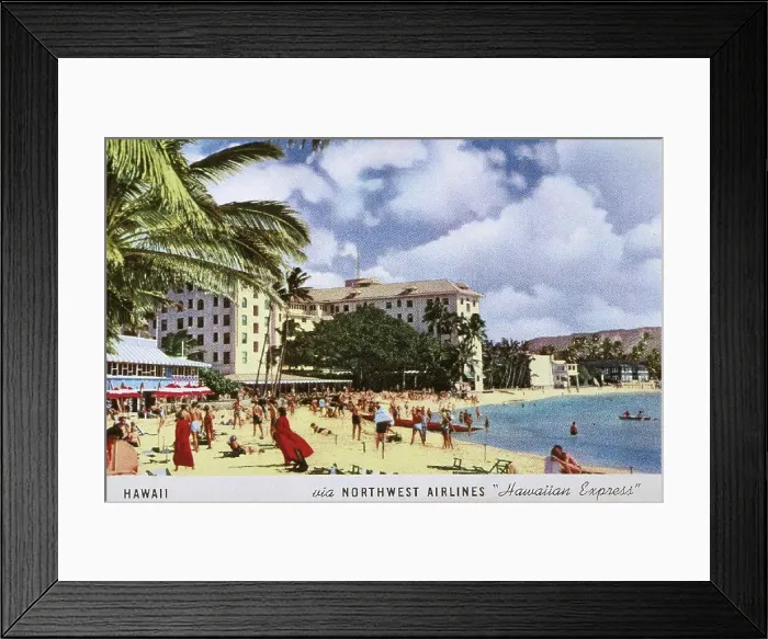 Framed Print : c.1960 Hawaii, Oahu, Northwest Airlines postcard, tourists enjoying Waikiki beach, Moana Hotel Framed Print : c.1960 Hawaii, Oahu, Northwest Airlines postcard, tourists enjoying Waikiki beach, Moana Hotel