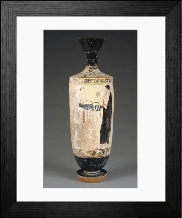 Framed Print : Oil Jar with a Woman Carrying a Basket of Offerings; Attributed to the Timokrates Painter (Greek (Attic) Framed Print : Oil Jar with a Woman Carrying a Basket of Offerings; Attributed to the Timokrates Painter (Greek (Attic)