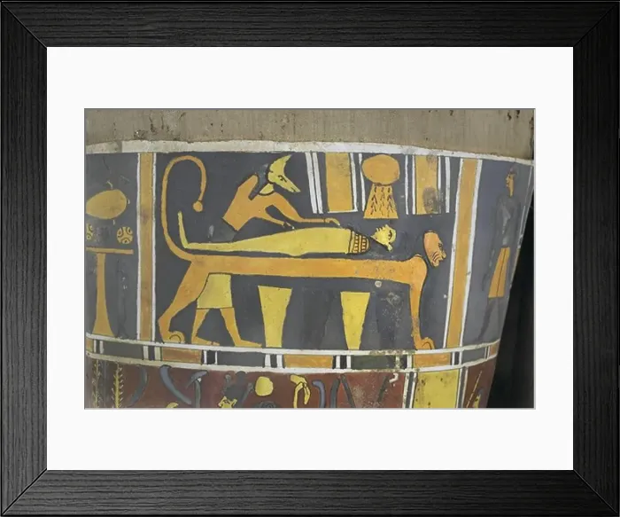 Framed Print : Egypt, Saqqara necropolis, Detail of cartonnage, embalmer and mummified person on lion-shaped table Framed Print : Egypt, Saqqara necropolis, Detail of cartonnage, embalmer and mummified person on lion-shaped table