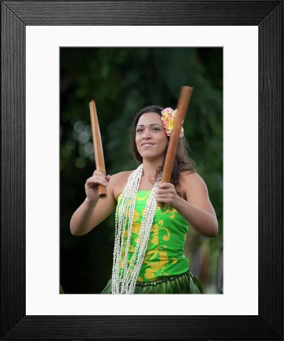 Framed Print : Hawaii, Kona, Traditional kahiko hula dancer with pu'ili (bamboo rattle sticks) at hula performance Framed Print : Hawaii, Kona, Traditional kahiko hula dancer with pu'ili (bamboo rattle sticks) at hula performance