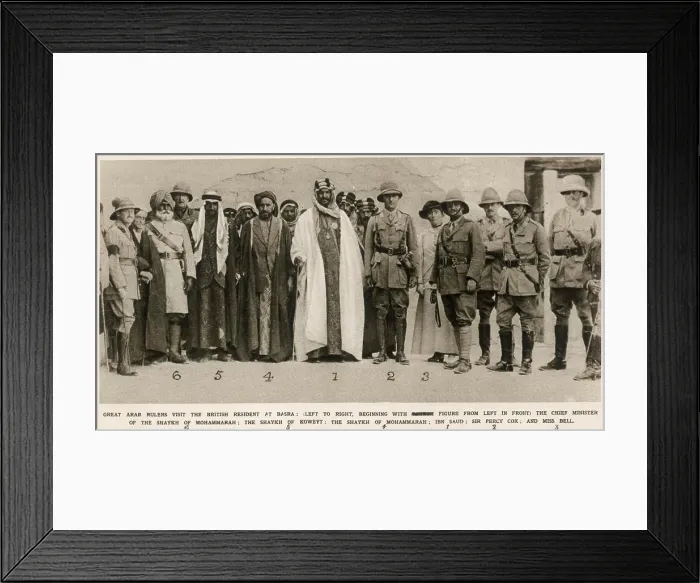 Framed Print : Ibn Saud, Sir Percy Cox, Miss Gertrude Bell Date: 1917 Framed Print : Ibn Saud, Sir Percy Cox, Miss Gertrude Bell Date: 1917