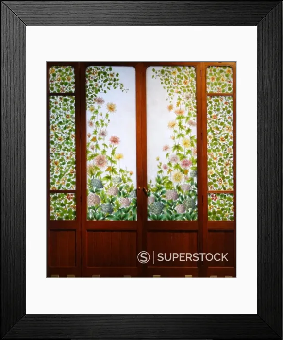 Framed Print : Glass and Wood screen decorated with flowers by Frederic Vidal (1882-1950) Spanish painter. Dated 1900
