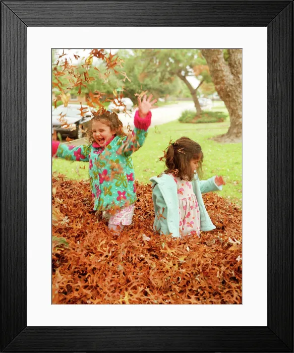 Framed Print : Little girls playing in the autumn leaves Framed Print : Little girls playing in the autumn leaves