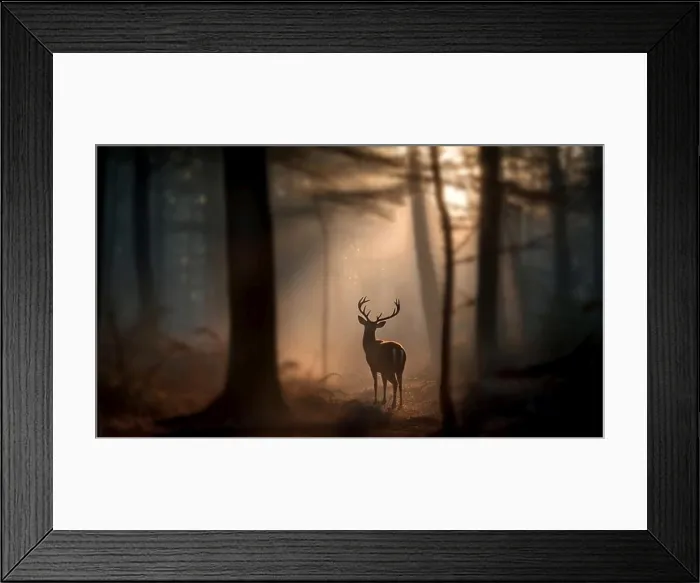 Framed Print : Young beautiful deer in a sunrise and misty forest Framed Print : Young beautiful deer in a sunrise and misty forest