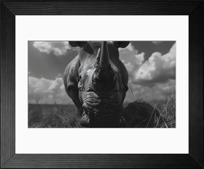 Framed Print : A black and white image of a majestic rhinoceros standing in the grassy landscape Framed Print : A black and white image of a majestic rhinoceros standing in the grassy landscape
