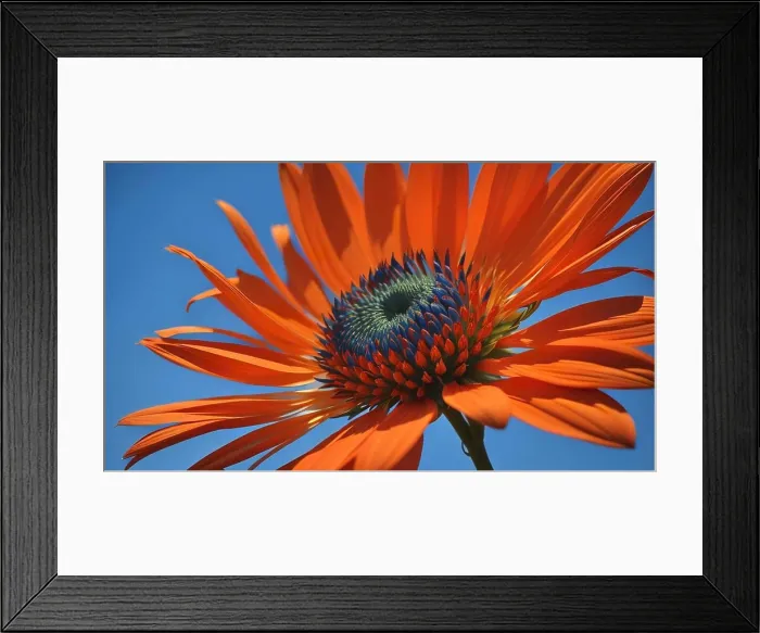 Framed Print : beautiful orange flower on a blue sky background, close-up. generative ai Framed Print : beautiful orange flower on a blue sky background, close-up. generative ai