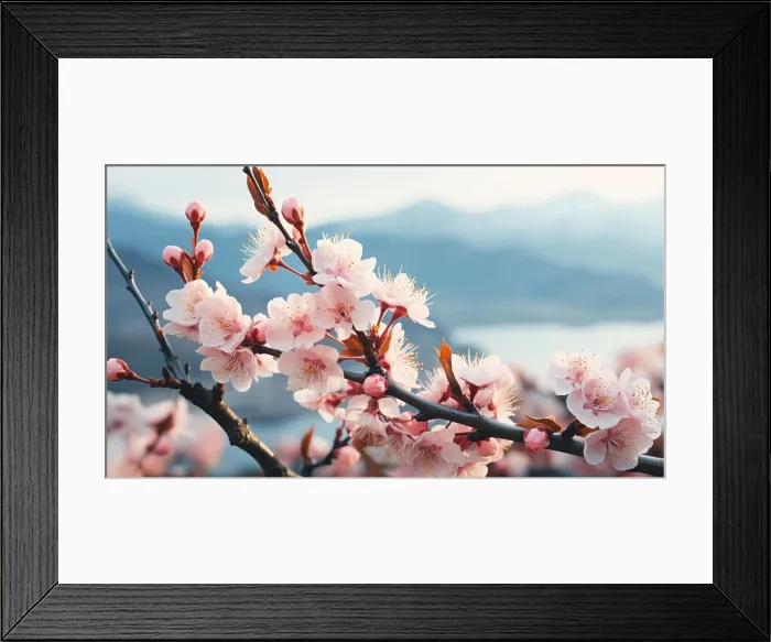 Framed Print : Close-up of sakura flowers on a tree branch during morning sunrise. AI generated Framed Print : Close-up of sakura flowers on a tree branch during morning sunrise. AI generated
