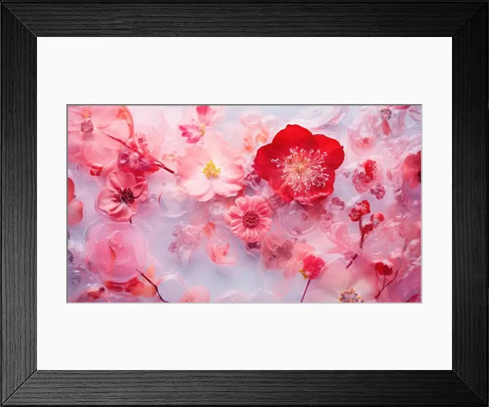 Framed Print : Abstract background of close up of pink and red frozen flowers in ice Framed Print : Abstract background of close up of pink and red frozen flowers in ice