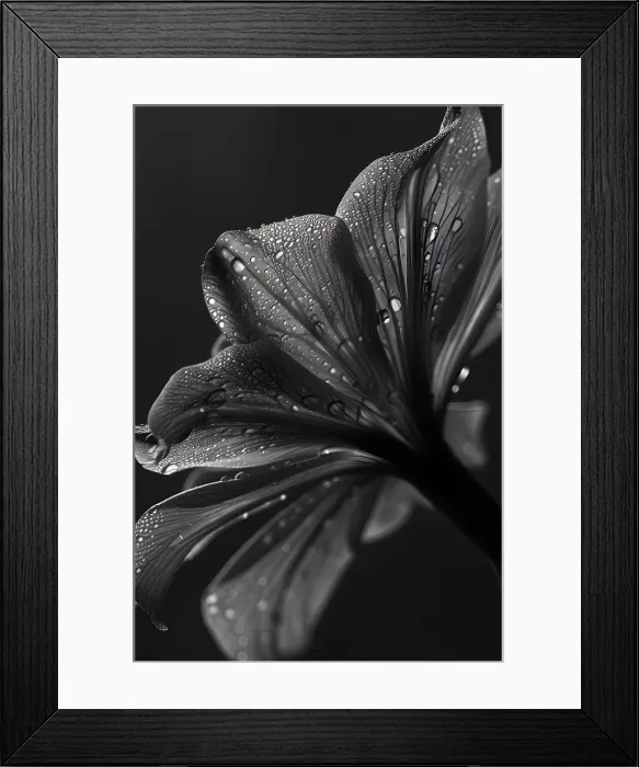 Framed Print : Black and white close-up of a flower petal adorned with water droplets Framed Print : Black and white close-up of a flower petal adorned with water droplets