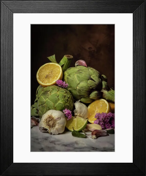 Framed Print : Close-up of artichokes, garlic, lemons and flowers on table Framed Print : Close-up of artichokes, garlic, lemons and flowers on table
