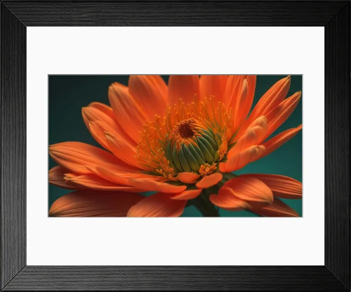 Framed Print : Orange gerbera flower on a green background. Close-up. generative ai