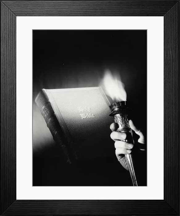 Framed Print : Vintage Photograph. Hand holding torch with flame in front of Holy Bible, Frame 2 Framed Print : Vintage Photograph. Hand holding torch with flame in front of Holy Bible, Frame 2