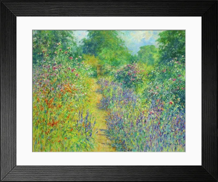 Framed Print : Garden view of the lavender border, bounded by collection of roses Framed Print : Garden view of the lavender border, bounded by collection of roses
