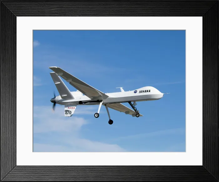 Framed Print : The bulging fairing atop the forward fuselage of NASA's Ikhana unmanned aircraft covers a variety of navigation Framed Print : The bulging fairing atop the forward fuselage of NASA's Ikhana unmanned aircraft covers a variety of navigation