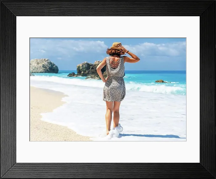 Framed Print : Happy woman in summer looking at the turquoise sea of Lefkada island, Ionian Sea, Greece, Europe Framed Print : Happy woman in summer looking at the turquoise sea of Lefkada island, Ionian Sea, Greece, Europe