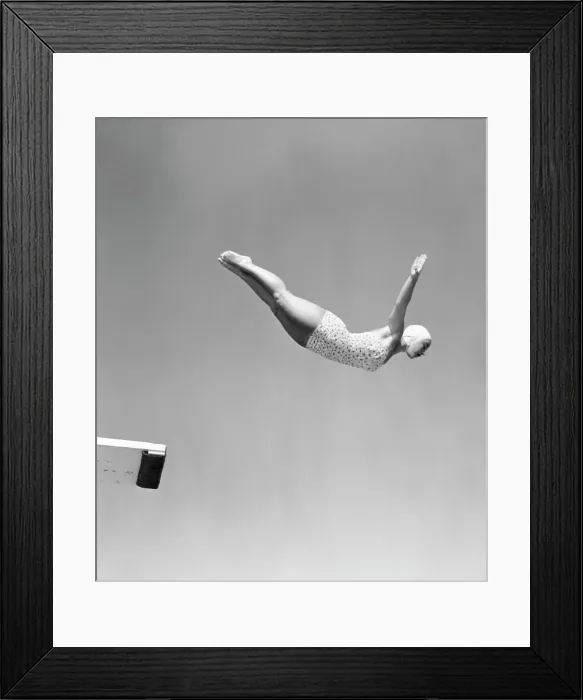 Framed Print : 1950S Woman Swan Dive Off Diving Board One Piece Bathing Suit Cap Framed Print : 1950S Woman Swan Dive Off Diving Board One Piece Bathing Suit Cap